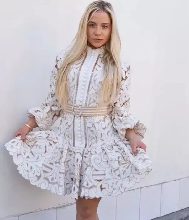 Sexyboutique New Vintage Embroidery Patchwork Hollow Dresses For Female New Stand collar Lantern Sleeve High Waist Belt Dress
Sexyboutique New Vintage Embroidery Patchwork Hollow Dresses For Female New Stand collar Lantern Sleeve High Waist Belt Dress