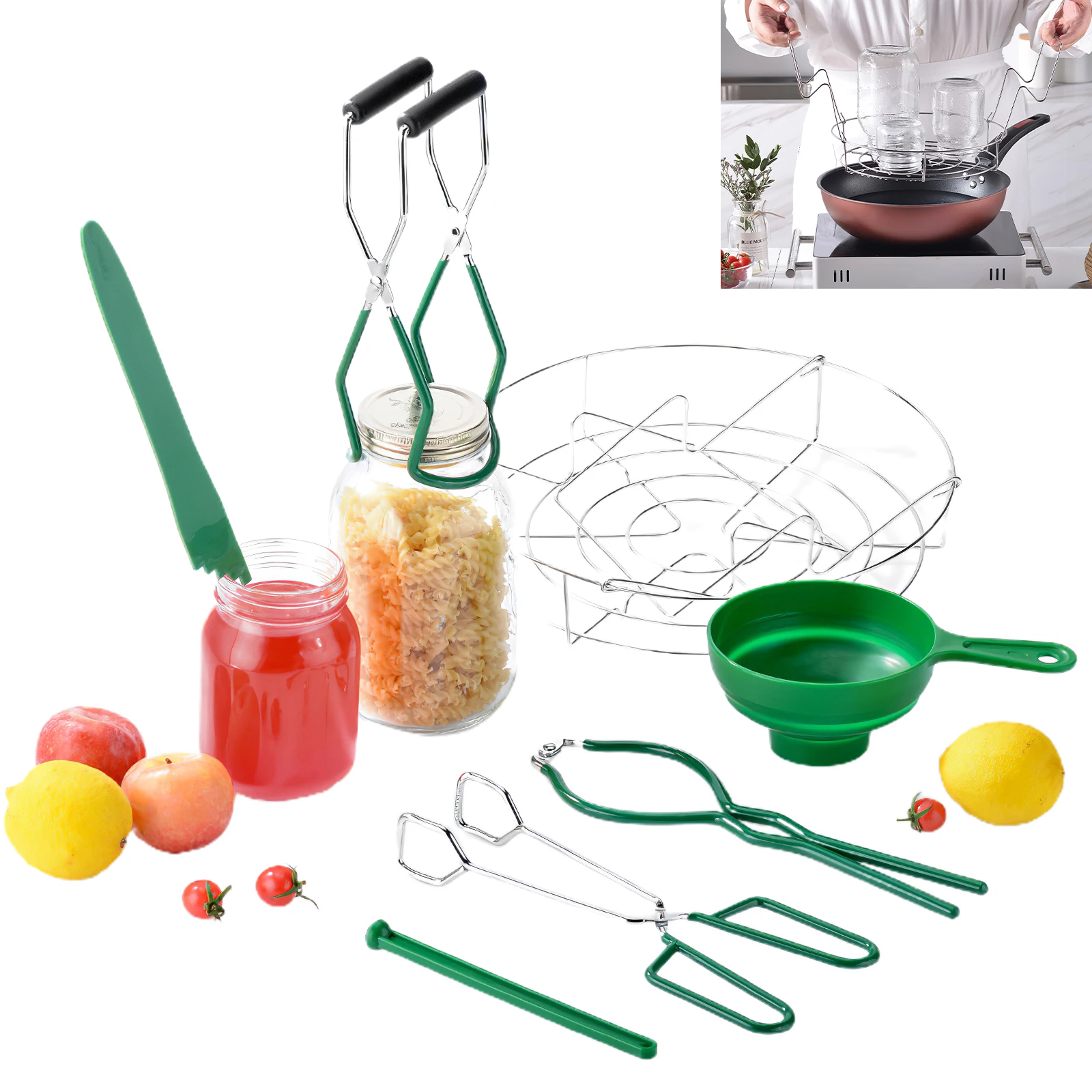 7-Piece Jam Making Tool Set Stainless Steel Jar Rack Remover Canning Rack Food Tongs Measurer Easy Clean For Home Dessert Shop
7-Piece Jam Making Tool Set Stainless Steel Jar Rack Remover Canning Rack Food Tongs Measurer Easy Clean For Home Dessert Shop