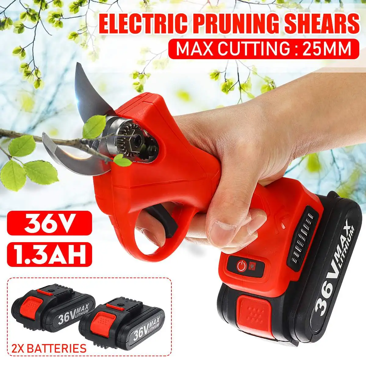 36V 25mm Cordless Pruner Electric Pruning Shear 2x Lithium-ion Battery Efficient Fruit Tree Bonsai Pruning Branches Cutter
36V 25mm Cordless Pruner Electric Pruning Shear 2x Lithium-ion Battery Efficient Fruit Tree Bonsai Pruning Branches Cutter