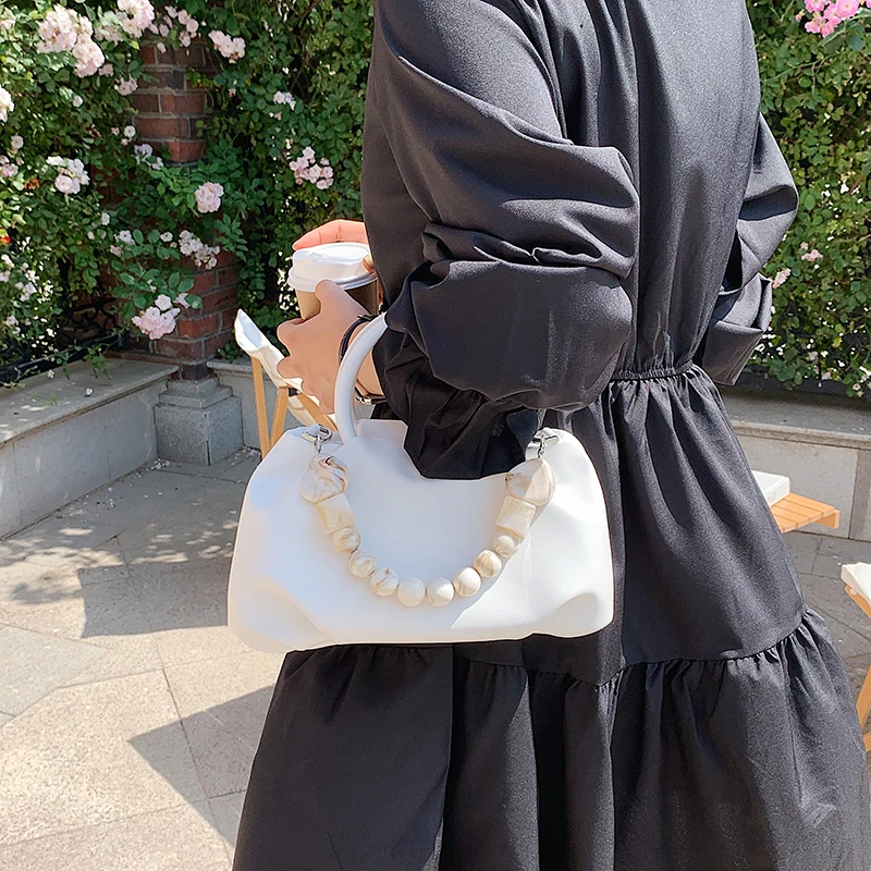 

Genuine Leather Shoulder Bag Women Fashion Ruched Underarm Bag Pearl Cloud Bag Luxury Designer Handbag Cow Leather Purses Totes