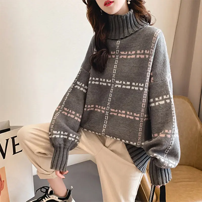 Women's long sleeve turtleneck sweater, pullover, loose, checkered, Korean, autumn and winter
Women's long sleeve turtleneck sweater, pullover, loose, checkered, Korean, autumn and winter