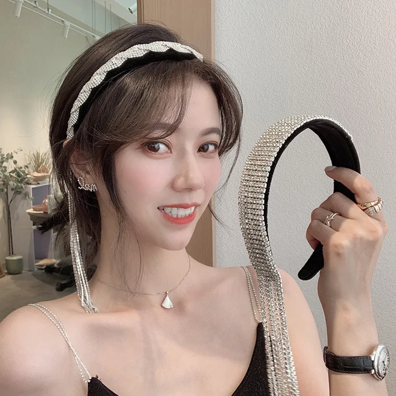 Minar Dainty Bling Bling Full Rhinestones Long Tassel Hairbands for Women Lady Black Velvet Wide Brimmed Hair Band Accessories
Minar Dainty Bling Bling Full Rhinestones Long Tassel Hairbands for Women Lady Black Velvet Wide Brimmed Hair Band Accessories