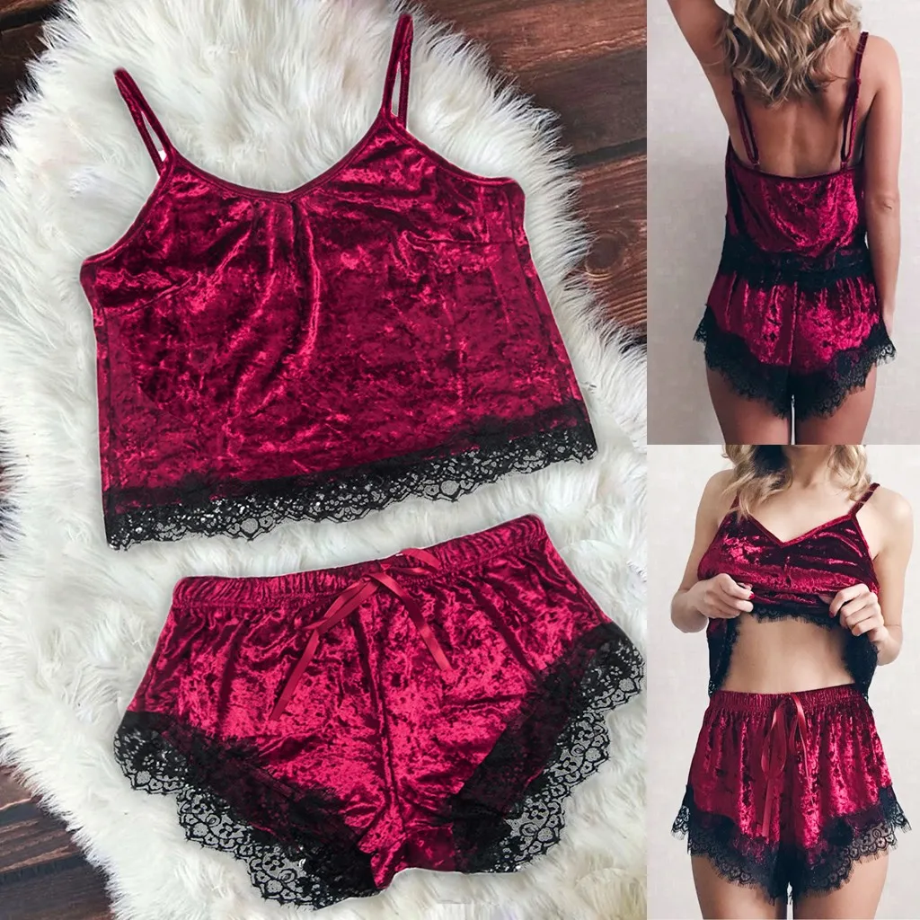 

Women's Sleepwear Sexy Satin Pajama Set Lace V-Neck Pyjamas Sleeveless Cute Cami Top and Shorts Pyjama Sexy Nightgowns WL