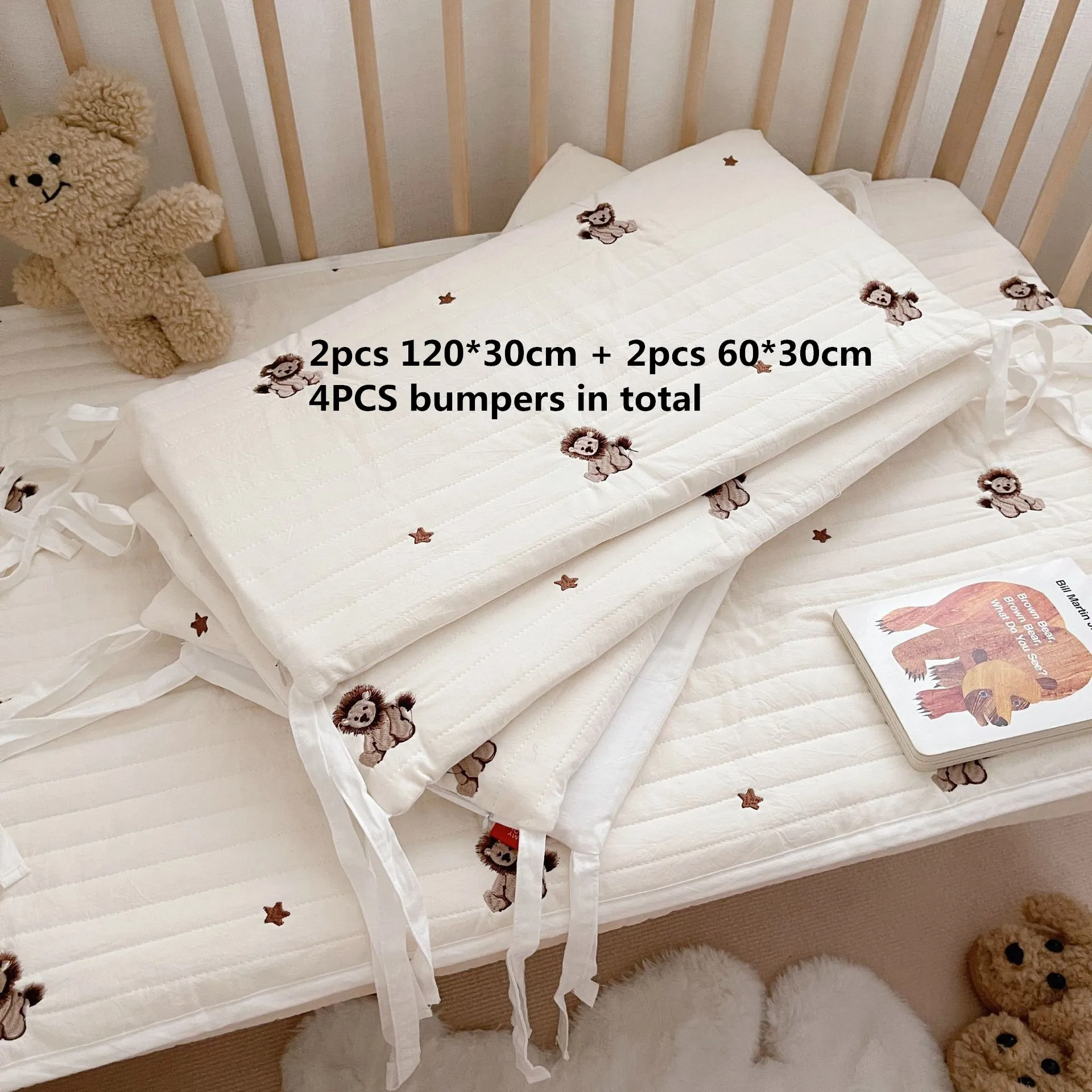 Korean Quilted Cotton Baby Bed Sheet Olive Bear Embroidery Cot Crib Sheets Bumper +Pillowcase Bedding | Мать и ребенок