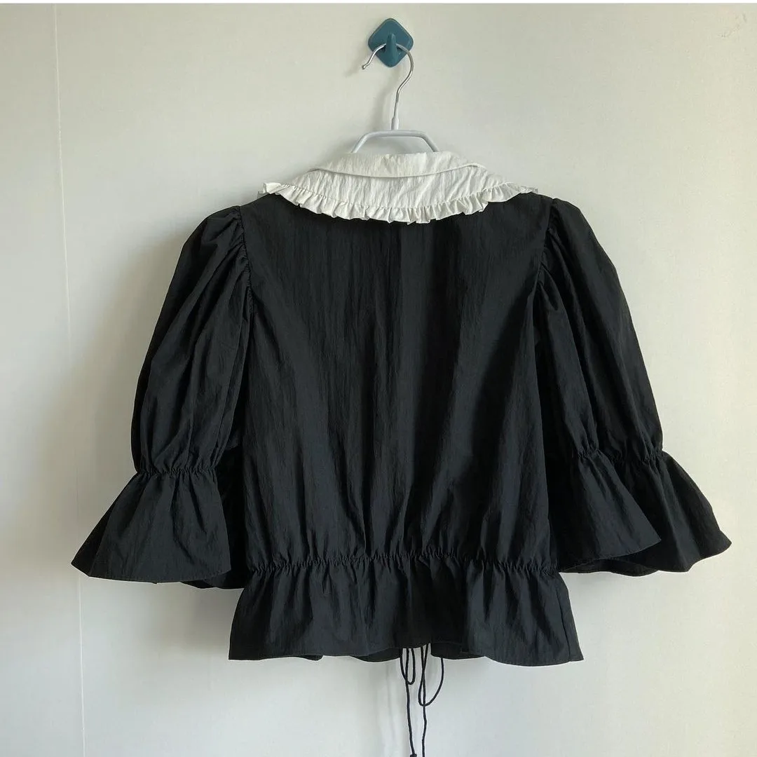 Korean Chic Summer New Contrast Color Wooden Ear Double-Layer Collar Cute Youth-Looking Short-Sleeved Shirt Women's Drawstring
Korean Chic Summer New Contrast Color Wooden Ear Double-Layer Collar Cute Youth-Looking Short-Sleeved Shirt Women's Drawstring
