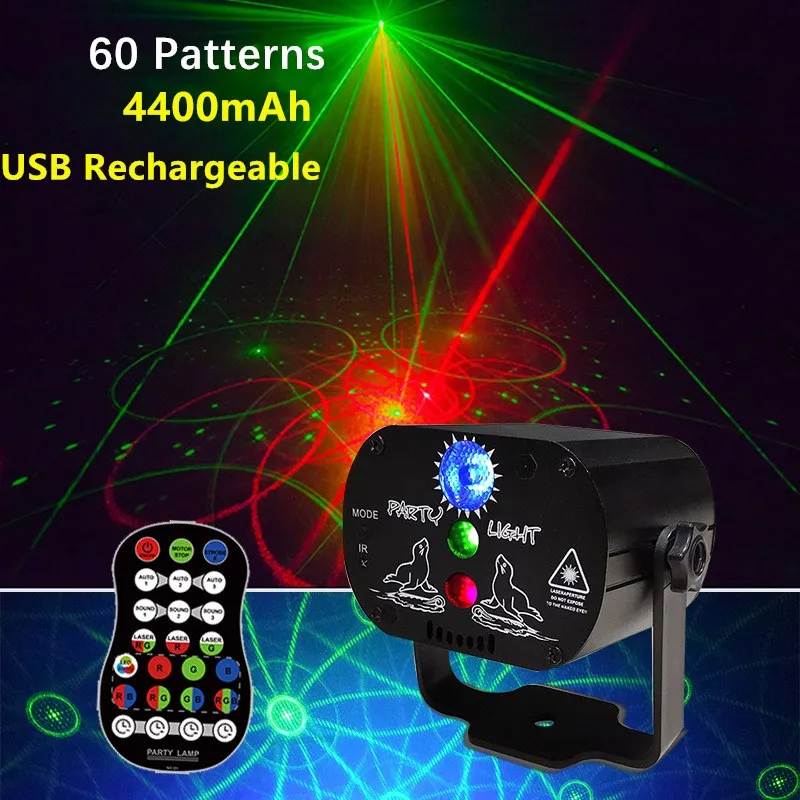 Mini RGB Disco Light USB Rechargeable 60 Patterns Lamp DJ LED Laser Stage Projector Wedding Birthday KTV Ball Party Lights | Освещение
