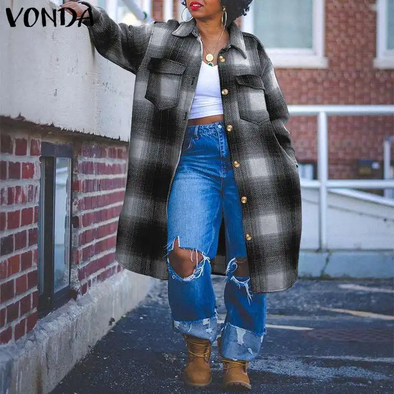 Women Casual Blouse Long Sleeve Coat With Pockets 2021 VONDA Vintage Checked Plaid Lapel Collar Button Up Coats Femininas Robe
Women Casual Blouse Long Sleeve Coat With Pockets 2021 VONDA Vintage Checked Plaid Lapel Collar Button Up Coats Femininas Robe