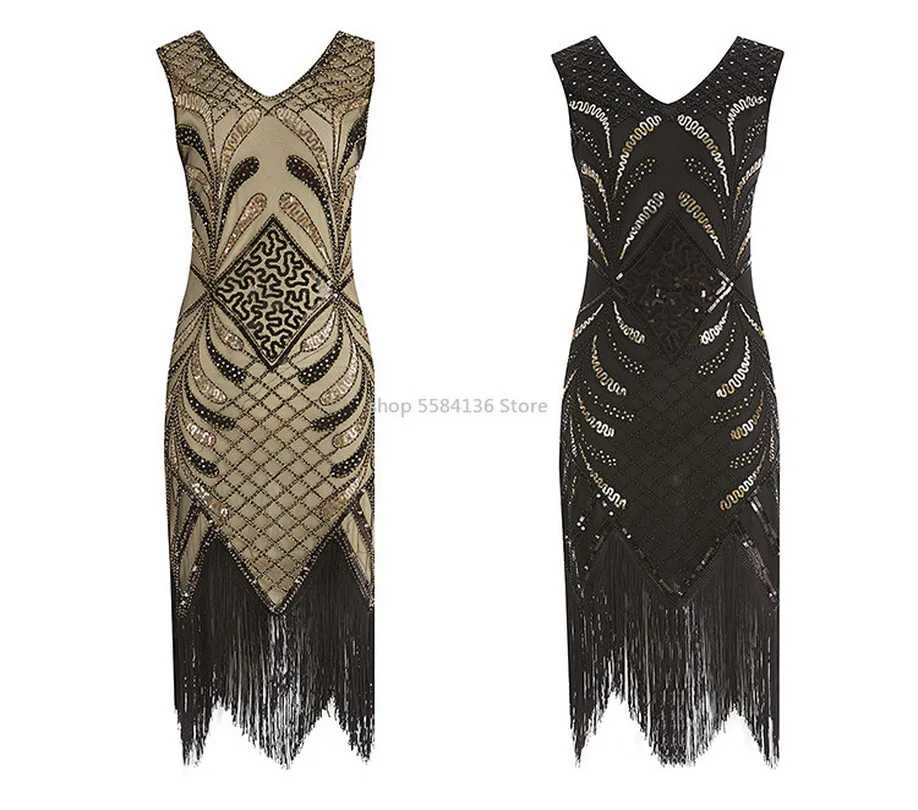 

Women Fringe Vintage Flapper Dresses 1920s Style Great Gatsby Dress Art Deco Sequined Tassel Embellished Party Sleeves Costumes