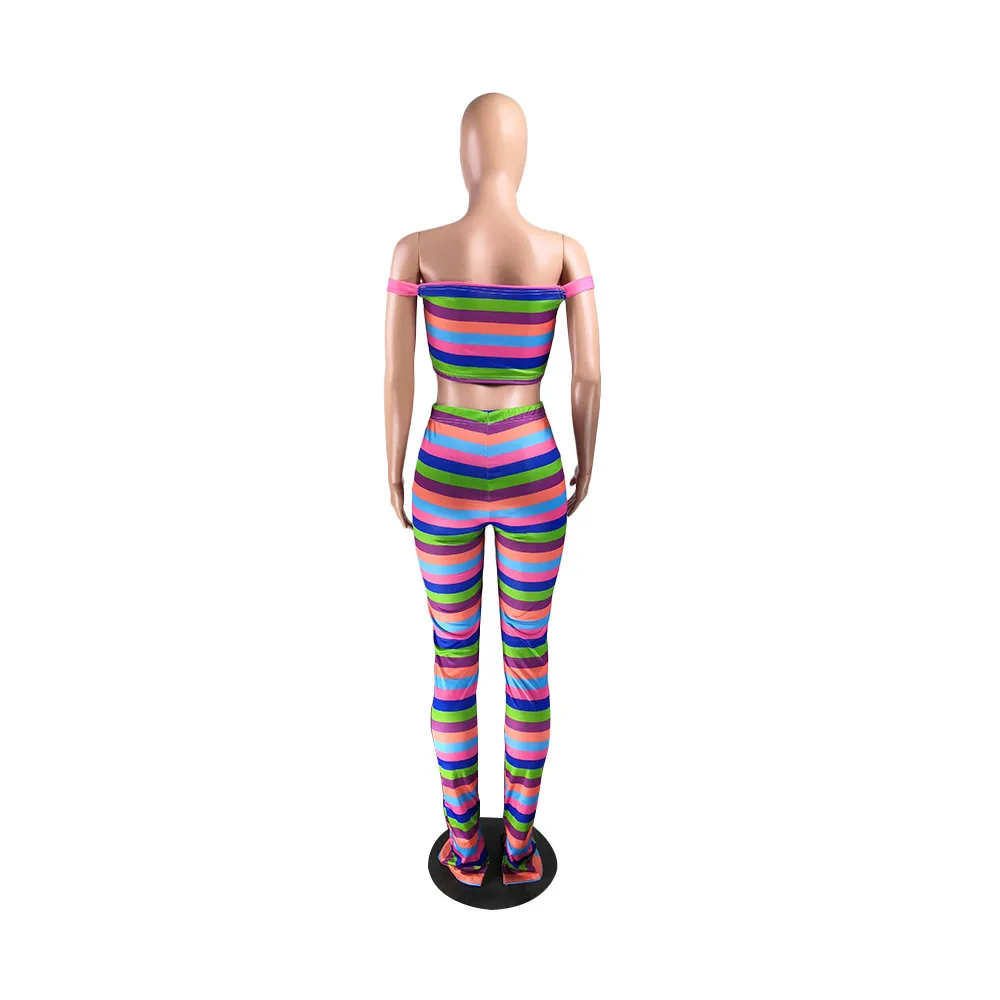 Rainbow Striped 2 Two Piece Set Tracksuit for Women Off Shoulder Slim Crop Top Adn Bodycon Flare Trouser Lounge Wear Club Outfit
Rainbow Striped 2 Two Piece Set Tracksuit for Women Off Shoulder Slim Crop Top Adn Bodycon Flare Trouser Lounge Wear Club Outfit