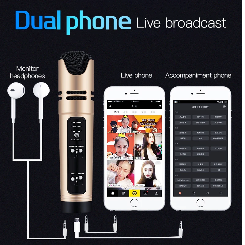 

Online Star Live Streaming & Youtube Video Condenser Microphone Sing Recording Karaoke For Mobile Phone Computer Support 6 Voice