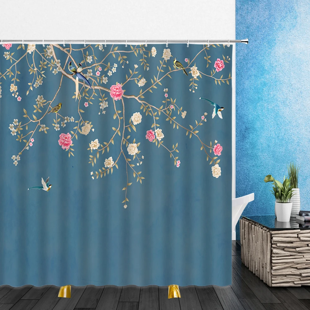 

Занавеска для душа в китайском стиле, s водонепроницаемый комплект из полиэстера, с ландшафтом, с цветами и птицами, для ванной комнаты, домашний декор