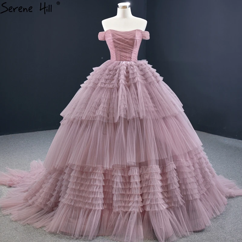 Свадебное платье с открытыми плечами сереновый холм розовое Многоярусное