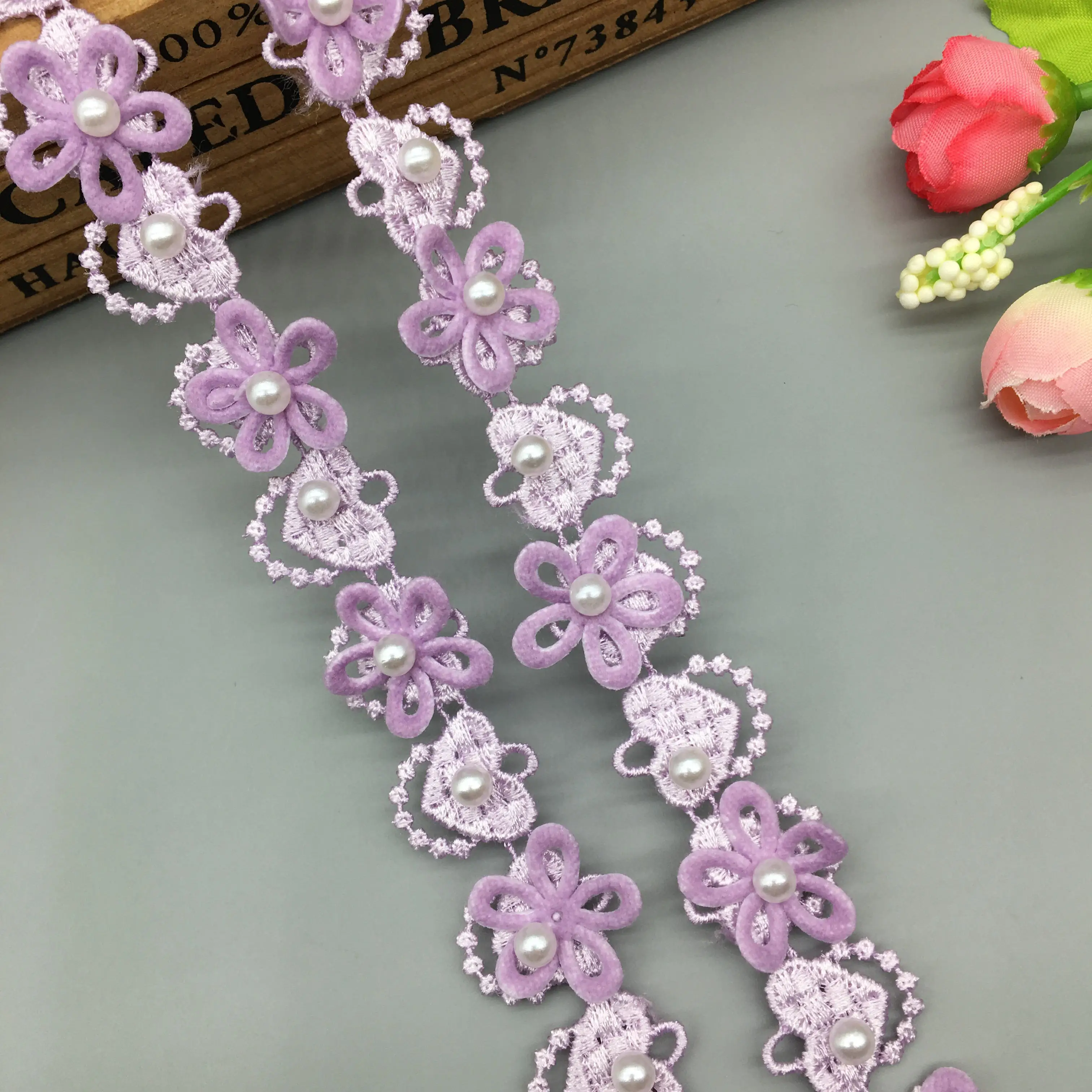 

1 ярд фиолетовый жемчуг сердца цветы волна вышитые кружева отделка Лента ткань шитье ремесло для костюма свадебное платье украшения