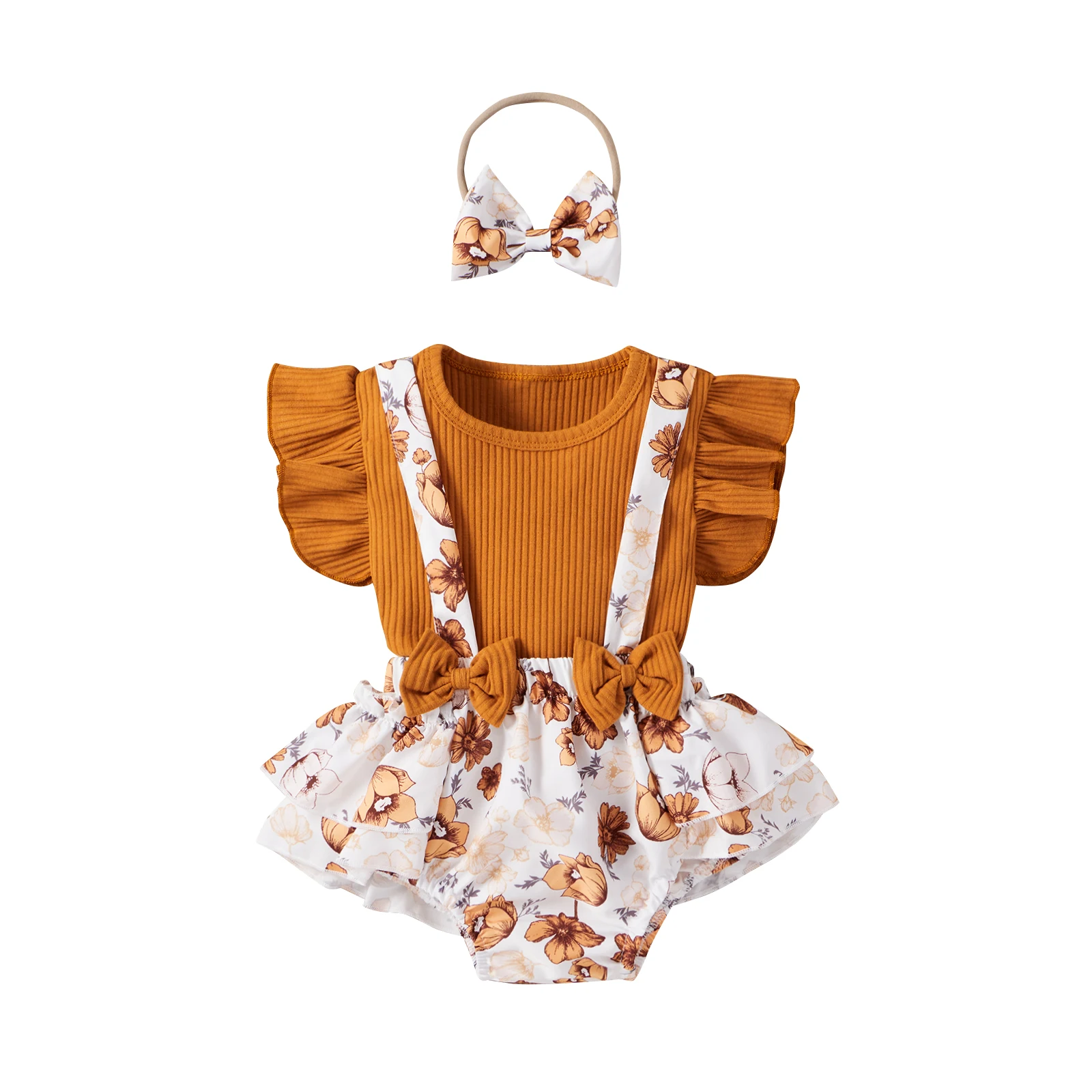 Toddler Baby Flower Printing Three-pieces Set Infant Girl's O-neck Flying Sleeve Tops + Suspender Shorts + Headband Set
Toddler Baby Flower Printing Three-pieces Set Infant Girl's O-neck Flying Sleeve Tops + Suspender Shorts + Headband Set