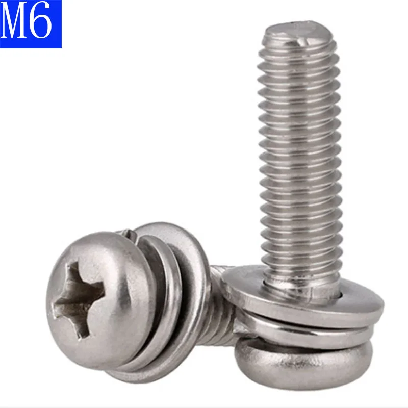 M6 - 1.0 6mm 304 Stainless Stell Cross Recessed Pan Head Screw, Spring Lock Washer and Plain Washer Assemblies Phillips
M6 - 1.0 6mm 304 Stainless Stell Cross Recessed Pan Head Screw, Spring Lock Washer and Plain Washer Assemblies Phillips