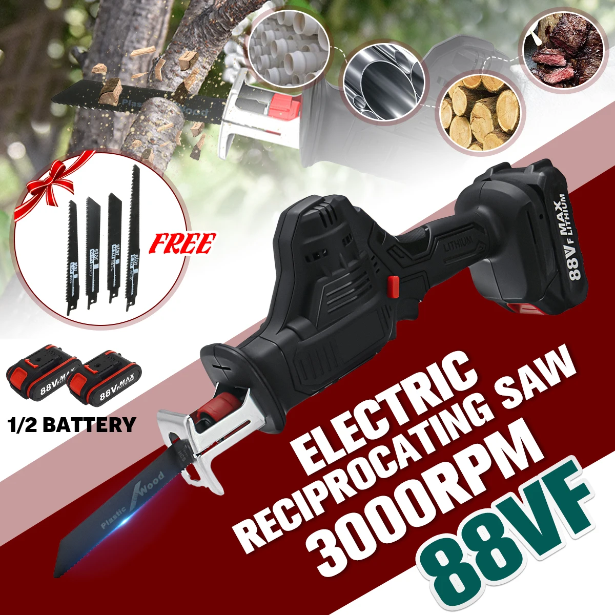 88VF Cordless Reciprocating Saw Set Rechargeable Electric Saw with 1/2 Li-ion Battery 4 Saw Blades Wood Cutting Tool
88VF Cordless Reciprocating Saw Set Rechargeable Electric Saw with 1/2 Li-ion Battery 4 Saw Blades Wood Cutting Tool