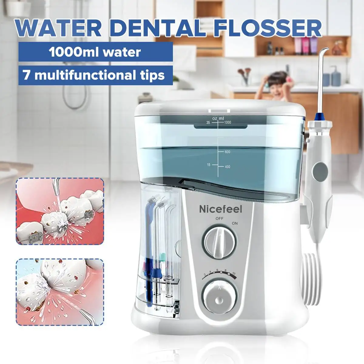 Nicefeel 1000ML Water Dental Flosser Electric Oral Irrigator Care Dental Flosser Water Toothbrush Dental SPA with 7pcs Tips
Nicefeel 1000ML Water Dental Flosser Electric Oral Irrigator Care Dental Flosser Water Toothbrush Dental SPA with 7pcs Tips