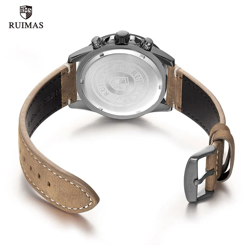 

RUIMAS Gray Dial Quartz Watches Men Luxury Top Brand Chronograph Watch Man Leather Army Sports Wristwatch Relogios Masculino 572