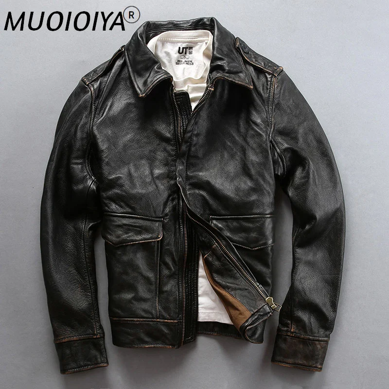 

AVFLY 2021 New Men Vintage Black Motorcycle Leather Jacket Fashion first layer Cow Leather Lapel Riding Biker Russia Winter Coat