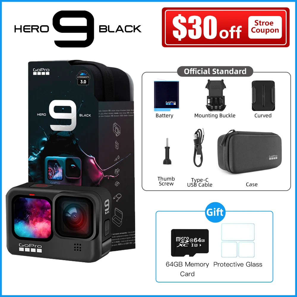 

GoPro HERO 9 черная подводная Экшн-камера 4K 5K с цветным передним экраном, Спортивная камера 20 Мп фотографии, прямая трансляция Go Pro HERO 9