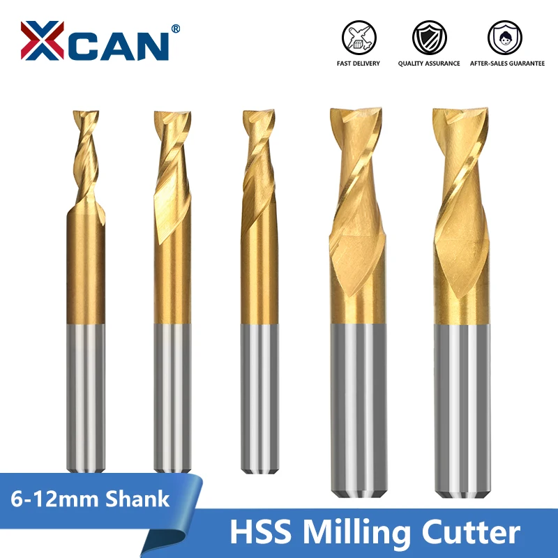 

XCAN HSS Milling Cutter 6-12mm Shank 2 Flute End Mill for Wood Metal Milling Tool TiN Coated Spiral End Mill CNC Router Bit