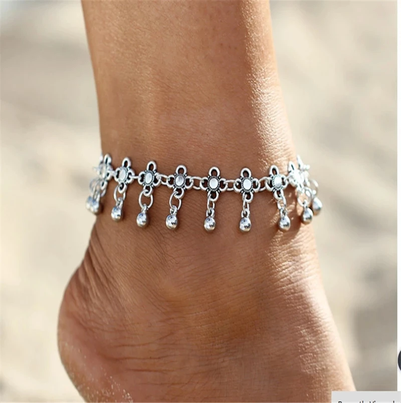

1PC Boho Vintage Silver Color Metal Ankle Bracelet Foot Jewelry Summer Beach Barefoot Sandals Bells Tassel Leg Anklet Women