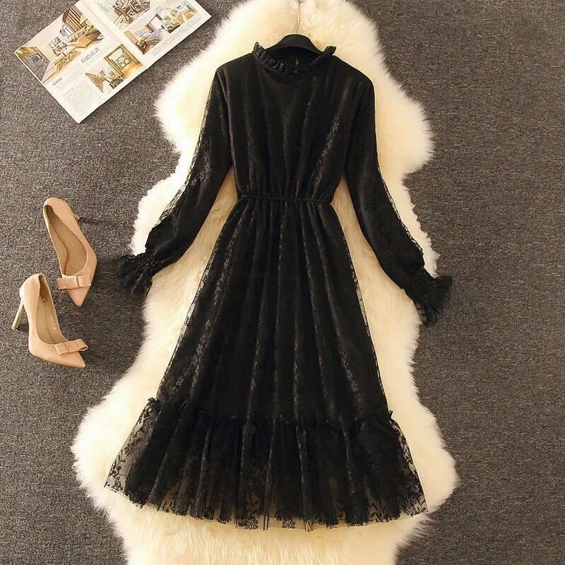 Women's Thick Warm Lace Dresses Autumn Winter Long Sleeve Solid Mid-Length Ruffles Stand Collar Dress Femee Vestidos Mujer Party
Women's Thick Warm Lace Dresses Autumn Winter Long Sleeve Solid Mid-Length Ruffles Stand Collar Dress Femee Vestidos Mujer Party