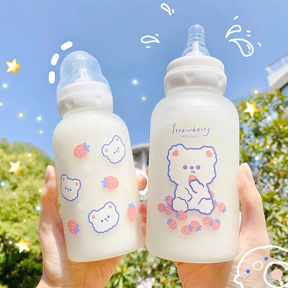 

Cute Cartoon Strawberry Bear Glass Pacifier Water Bottle Straw Cup For Adult Children Milk Frosted Bottle Baby Feeding Bottles