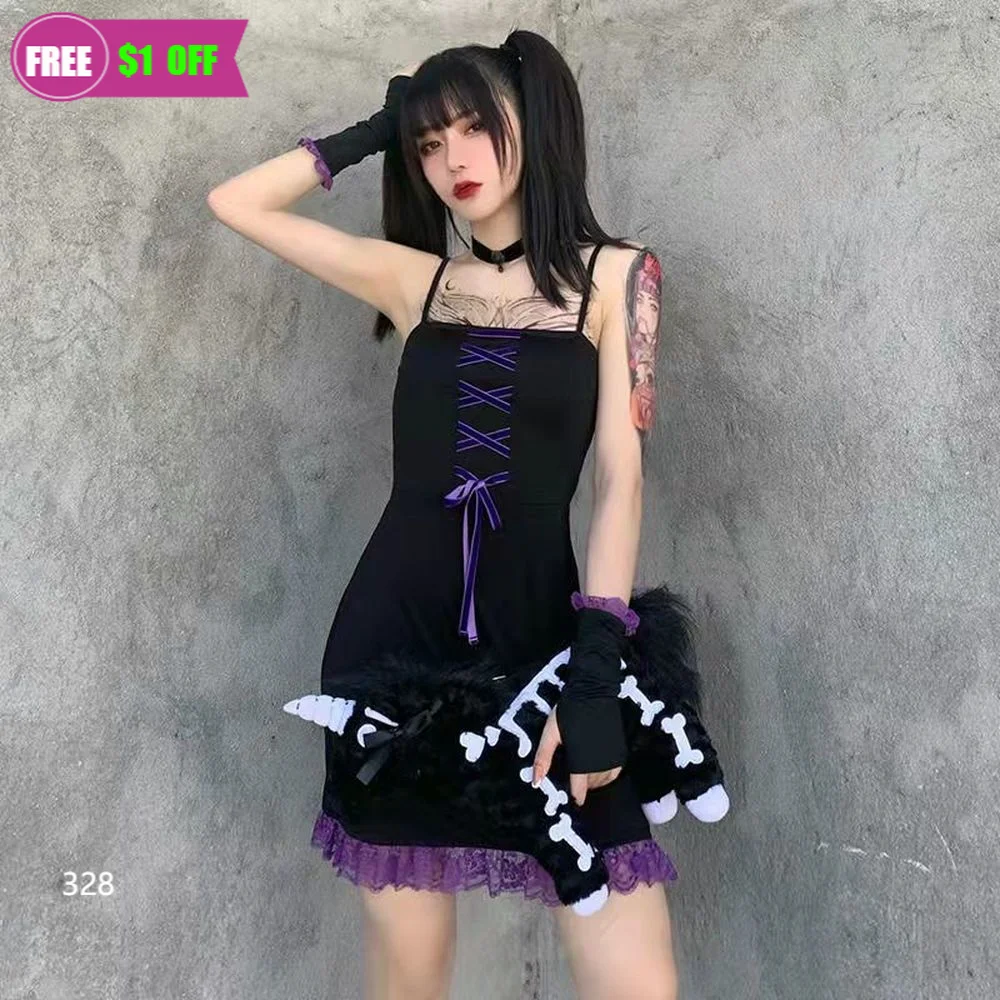 2000s Gothic E Girl Clothes Black Y2k Grunge Dress Dark Academia Strap Ruffle Lace Mini Dress Lolita Girls' Dresses with Bracer 
2000s Gothic E Girl Clothes Black Y2k Grunge Dress Dark Academia Strap Ruffle Lace Mini Dress Lolita Girls' Dresses with Bracer
