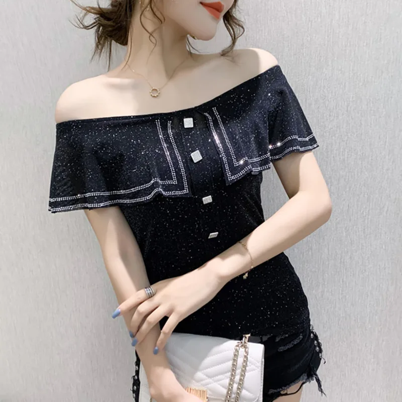 #7385 Red Black Elastic Mesh T Shirt Women Slash Neck T Shirt Off Shoulder With Rhinestones Sexy Tee Shirt Femme Thin Summer
#7385 Red Black Elastic Mesh T Shirt Women Slash Neck T Shirt Off Shoulder With Rhinestones Sexy Tee Shirt Femme Thin Summer