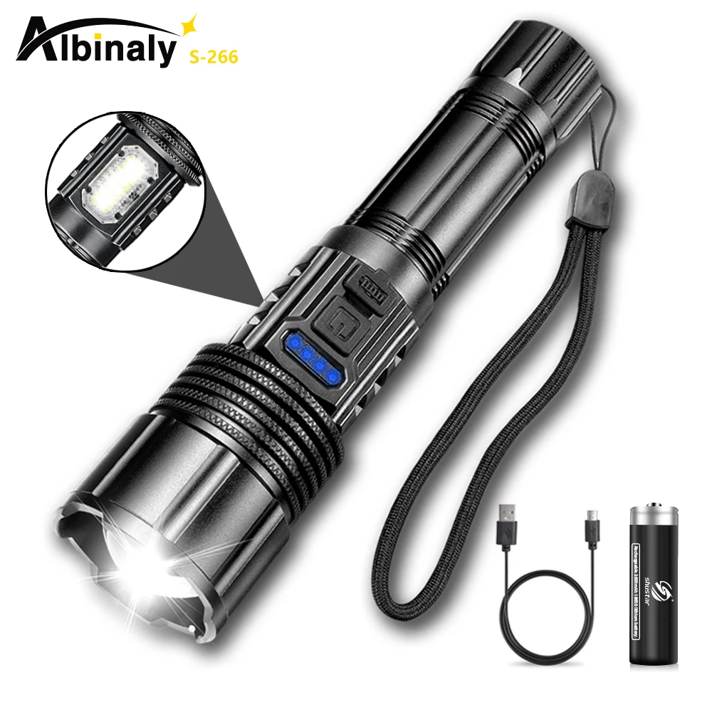 

Powerful LED Flashlight USB Rechargeable XHP50 Torch Waterproof COB Camping Lantern with Power Display 5 Modes Zoom 18650 Light