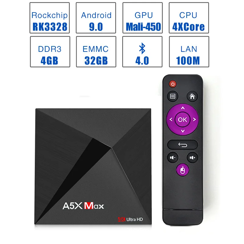 A5XMax Smart TV Box Android 9.0 RAM 4GB 32GB 4K Media Player 2.4g WIFI RK3328 Quad Core H.265 Network Set-Top Box
A5XMax Smart TV Box Android 9.0 RAM 4GB 32GB 4K Media Player 2.4g WIFI RK3328 Quad Core H.265 Network Set-Top Box
