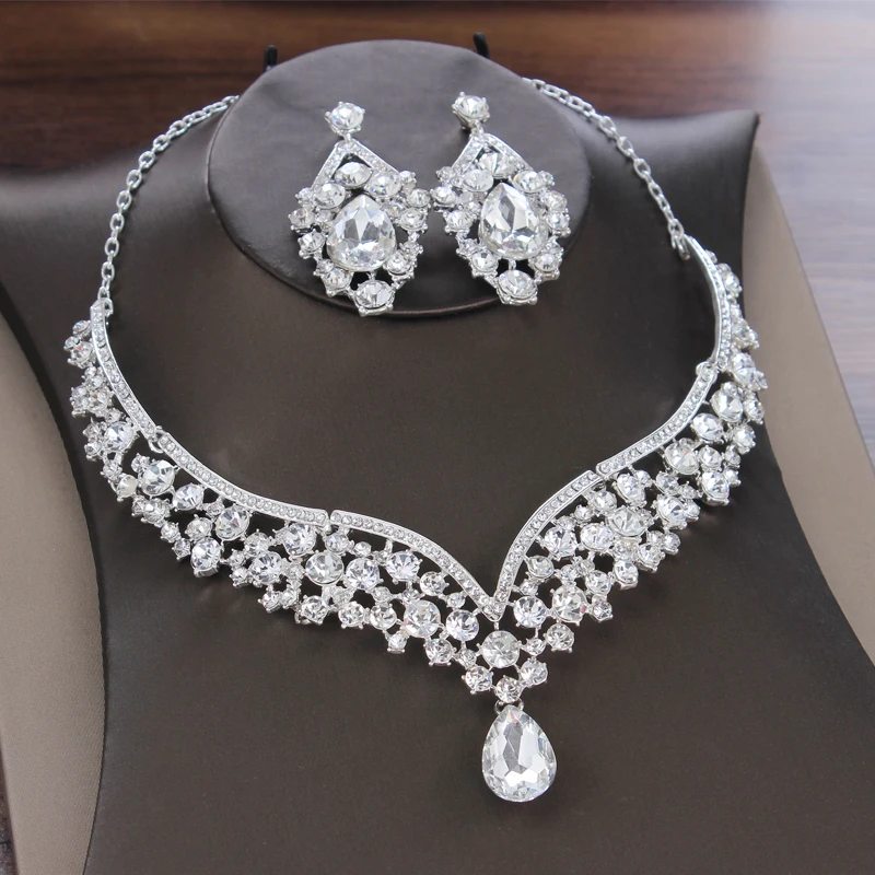 Baroque Crystal Tiaras Crown Bridal Jewelry Sets Rhinestone Silver Pendant Necklace Earring For Bride Wedding Dubai Dangle Gift