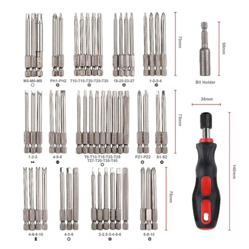 55Pcs Extra Long Bits Set Screwdriver with Magnetic 75mm Length Tool S2 Steel Cross Torx Star Hex Bit 
55Pcs Extra Long Bits Set Screwdriver with Magnetic 75mm Length Tool S2 Steel Cross Torx Star Hex Bit
