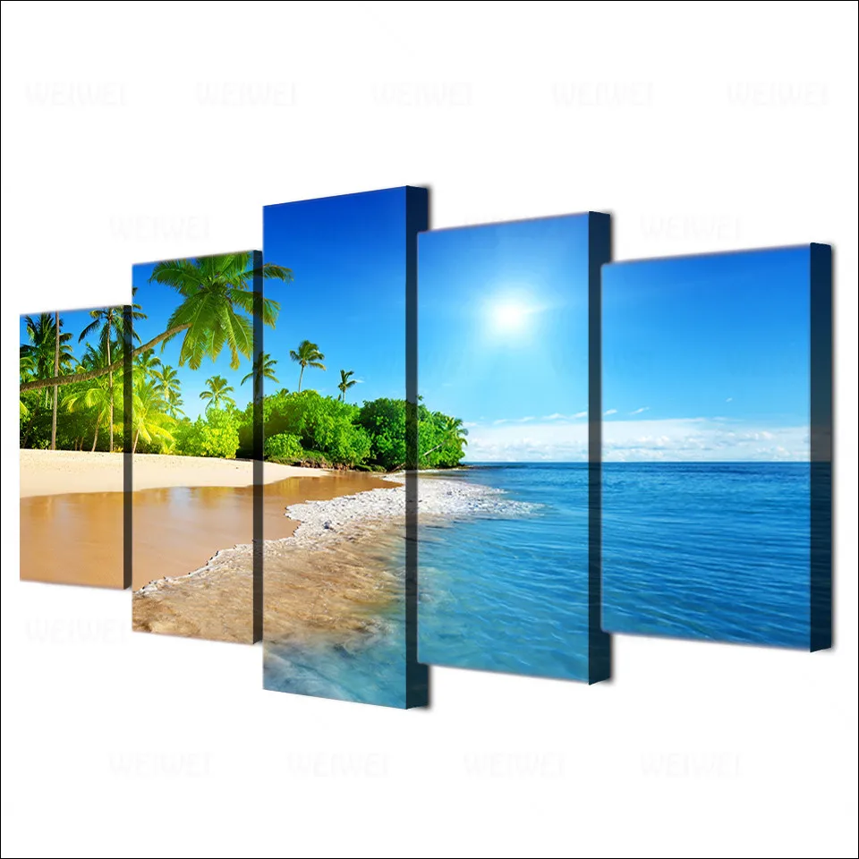 

Wall Art Decor Living Room Framework 5 Pieces Sea Water Palm Trees Sunshine Seascape Modular Paintings Canvas Pictures HD Prints