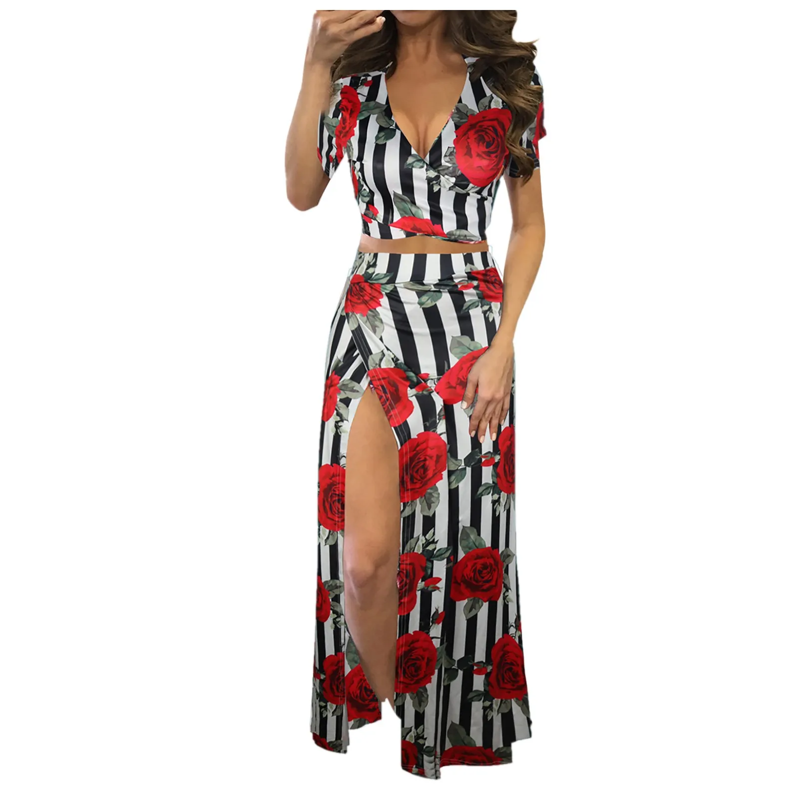 Women's Fashion Sexy Bohemian Beach Broken Flowers Print Two Piece Set Dress High Split Slim Sleeveless Beach Dress Vestido 
Women's Fashion Sexy Bohemian Beach Broken Flowers Print Two Piece Set Dress High Split Slim Sleeveless Beach Dress Vestido