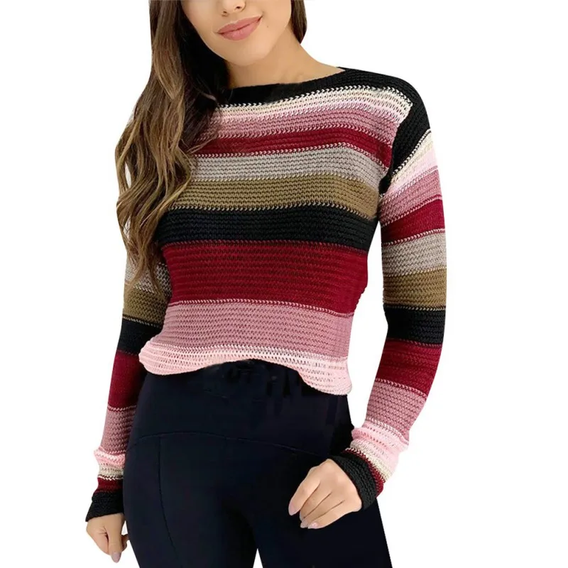 Women Autumn And Winter Casual Sweaters Round Neck Pullovers Contrast Color Striped Long-sleeved Sweater
Women Autumn And Winter Casual Sweaters Round Neck Pullovers Contrast Color Striped Long-sleeved Sweater