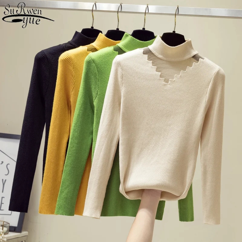 

2021 New Style Warm Women's Knitwear Autumn and Winter Solid Hollow Women's Turtleneck Sweaters Long Sleeve Pullover 10381
