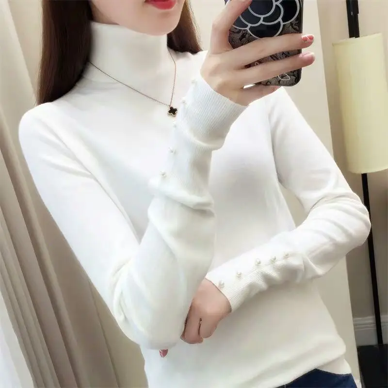 

Women's Sweater 2020 Fall Winter Turtleneck New Thin Bottoming Sweater Korean Loose Beading Long Sleeve Pullover Knitwear Female
