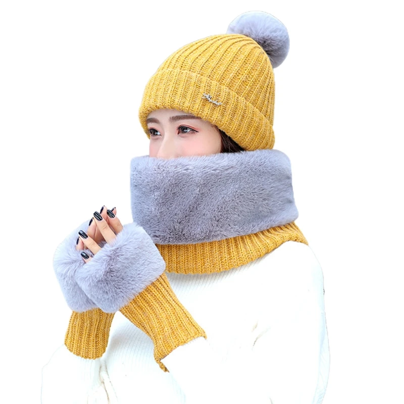 Women Winter 3Pcs Pompom Beanie Hat Furry Circle Scarf Fingerless Gloves Set H9ED