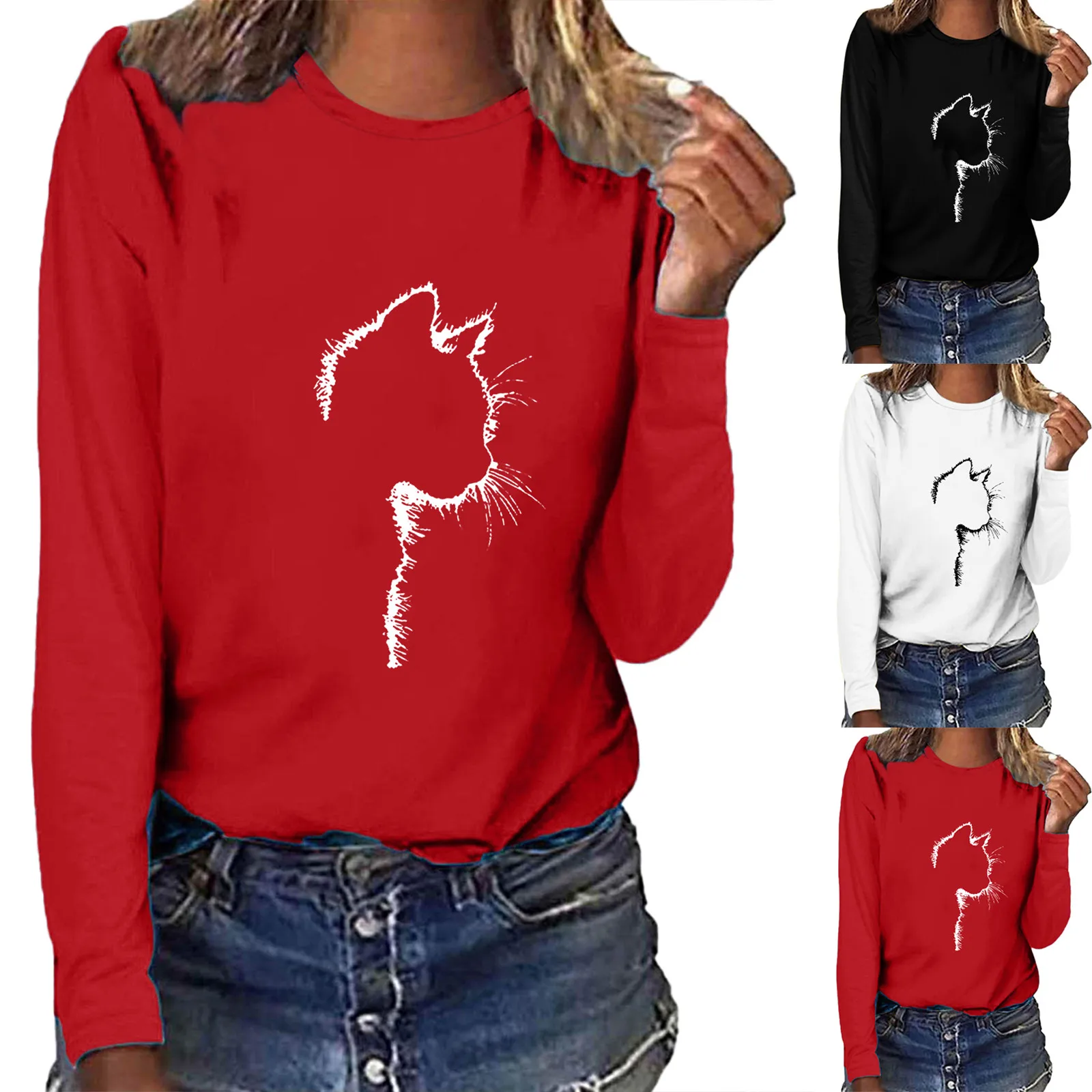 Women Casual Long Sleeve Round Neck Lovely Cat Head Printing T-shirt Solid Color Blouse Top Daily All-match Girls T-shirt Top
Women Casual Long Sleeve Round Neck Lovely Cat Head Printing T-shirt Solid Color Blouse Top Daily All-match Girls T-shirt Top