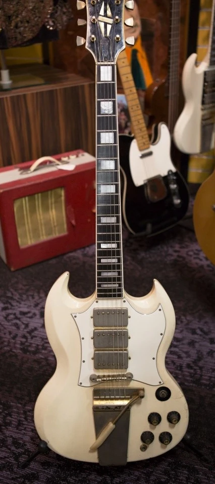 

1968 Jimi SG Vintage White Double Cutaway Electric Guitar Long Version Maestro Vibrola Tremolo Bridge, Gold Hardware