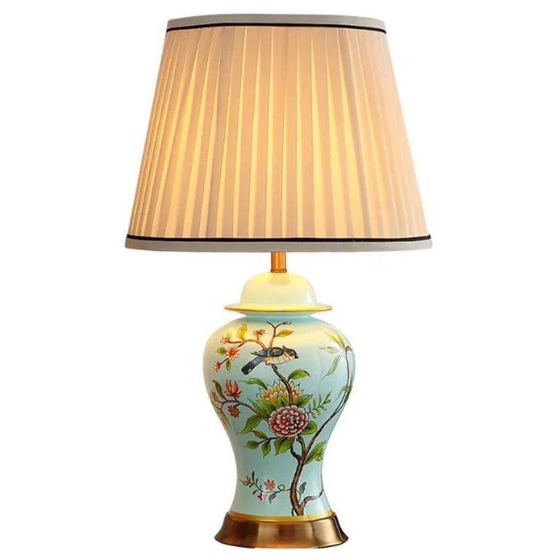 

Modern Pastoral Ceramic Dimmer Table Lamp Foyer Bed Room Study Blue Birds Flowers Europe Porcelain Reading Light H 55/68cm 2509