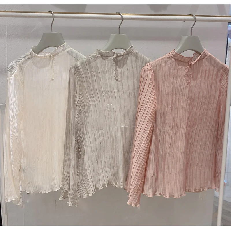 Casual Stand Collar Women Blouses 2021 Spring Summer Elegant Pleated Flare Long Sleeve Femme Blusas Solid Sweet Sexy Shirts
Casual Stand Collar Women Blouses 2021 Spring Summer Elegant Pleated Flare Long Sleeve Femme Blusas Solid Sweet Sexy Shirts