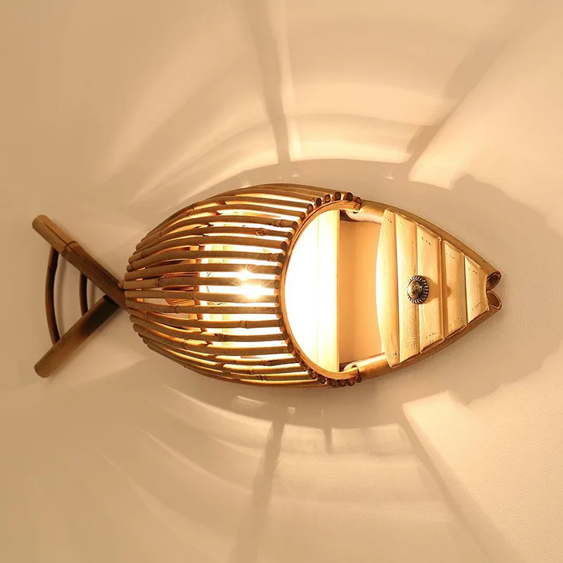 

Настенный светильник с бамбуковыми рыбками из Юго-Восточной Азии, винтажные Настенные светильники в китайском стиле для дома, ресторана, ба...