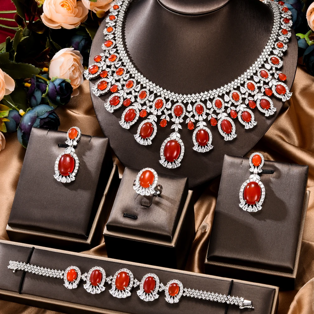 

Soramoore Luxury Bridal 4PCS Necklace Bracelet Earrings Ring Jewelry set For Ladies Women Wedding African CZ Dubai Shiny Jewelry