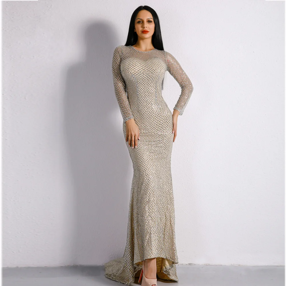 IFox 2020 Women Charming O Neck Long Sleeve Dresses Elegant Silver Sequined Female Maxi Dress with Little Train
IFox 2020 Women Charming O Neck Long Sleeve Dresses Elegant Silver Sequined Female Maxi Dress with Little Train