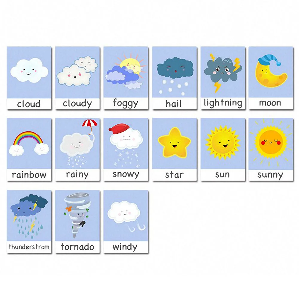 15Pcs Montessori Kids Learning Toys English Learning Cards Cartoon Weather Flash Cards Educational Toy for Children Teaching Aid
15Pcs Montessori Kids Learning Toys English Learning Cards Cartoon Weather Flash Cards Educational Toy for Children Teaching Aid