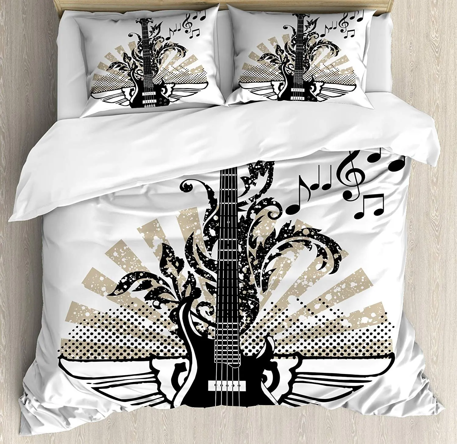 

Guitar Bedding Set Geometrical Elements Stripes Swirls Dots Lines and Musical Notes Rock and Roll Duvet Cover Pillowcase Bed Set