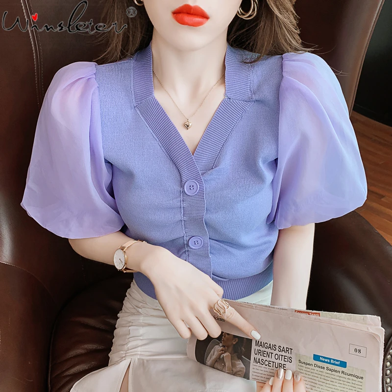 Summer 2021 Knitted T-shirt Women Vintage Knitwear Stretchy V-neck Buttons Chiffon Patchwork Tops Tees Puff Sleeve T17608A 
Summer 2021 Knitted T-shirt Women Vintage Knitwear Stretchy V-neck Buttons Chiffon Patchwork Tops Tees Puff Sleeve T17608A
